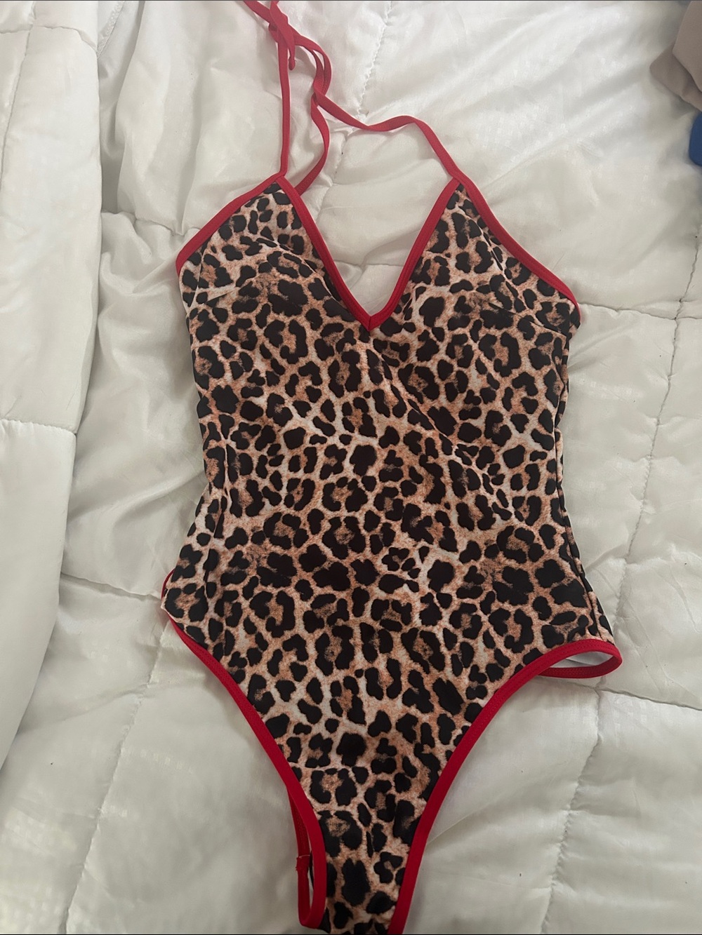 Leopard Print One-Piece Swimsuit with Red Trim